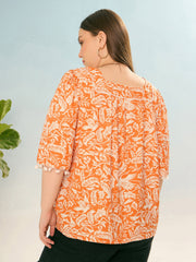 Women Orange & White Floral Square Neck Top