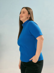 Women Royal Blue Rib Front Zipper Short Sleeve Top