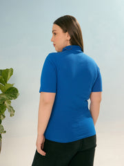 Women Royal Blue Rib Front Zipper Short Sleeve Top