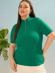 Women Green Rib Front Zipper Short Sleeve Top