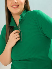 Women Green Rib Front Zipper Short Sleeve Top