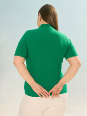 Women Green Rib Front Zipper Short Sleeve Top