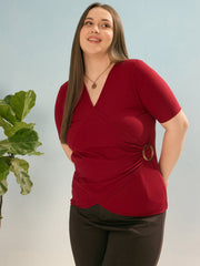 Women Maroon Rib Side Buckle Detail Top