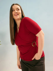 Women Maroon Rib Side Buckle Detail Top