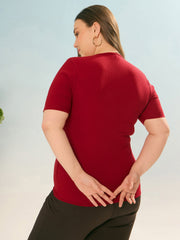 Women Maroon Rib Side Buckle Detail Top