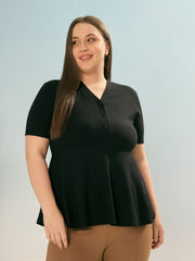 Women Black Rib V Neck Peplum Top