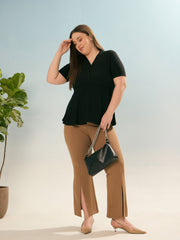Women Black Rib V Neck Peplum Top