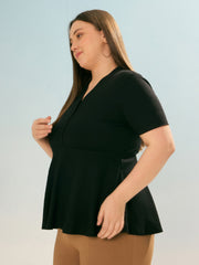 Women Black Rib V Neck Peplum Top