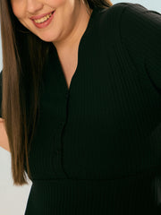 Women Black Rib V Neck Peplum Top