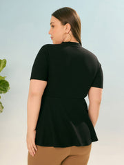 Women Black Rib V Neck Peplum Top