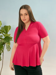 Women Fuchsia Rib V Neck Peplum Top