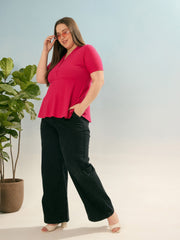 Women Fuchsia Rib V Neck Peplum Top