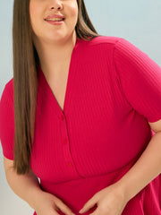 Women Fuchsia Rib V Neck Peplum Top