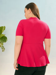 Women Fuchsia Rib V Neck Peplum Top