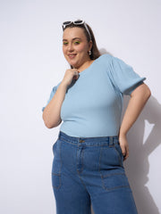 Women Blue Rib Round Neck Puff Sleeves Top