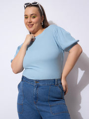 Women Blue Rib Round Neck Puff Sleeves Top