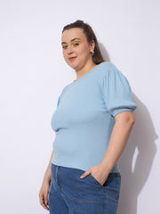 Women Blue Rib Round Neck Puff Sleeves Top