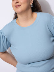 Women Blue Rib Round Neck Puff Sleeves Top
