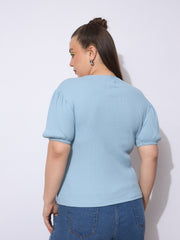 Women Blue Rib Round Neck Puff Sleeves Top