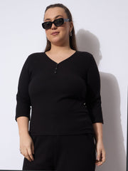 Women Black Rib V-Neck Short Sleeves Top