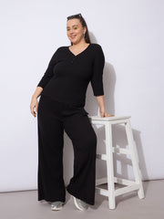Women Black Rib V-Neck Short Sleeves Top