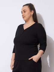 Women Black Rib V-Neck Short Sleeves Top