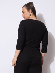 Women Black Rib V-Neck Short Sleeves Top