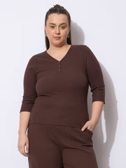 Women Dark Brown Rib V-Neck Short Sleeves Top