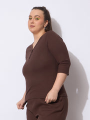 Women Dark Brown Rib V-Neck Short Sleeves Top