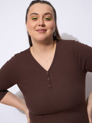 Women Dark Brown Rib V-Neck Short Sleeves Top