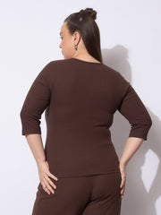 Women Dark Brown Rib V-Neck Short Sleeves Top