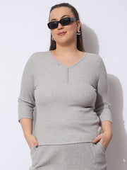 Women Grey Rib V-Neck Short Sleeves Top
