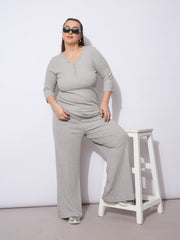Women Grey Rib V-Neck Short Sleeves Top