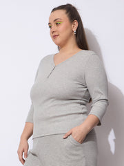 Women Grey Rib V-Neck Short Sleeves Top