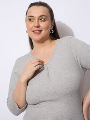 Women Grey Rib V-Neck Short Sleeves Top