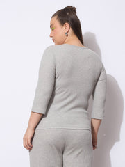 Women Grey Rib V-Neck Short Sleeves Top