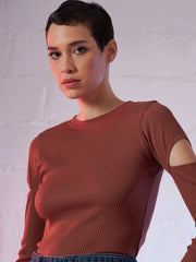 Women Rust Bicep Cut Out Rib Top