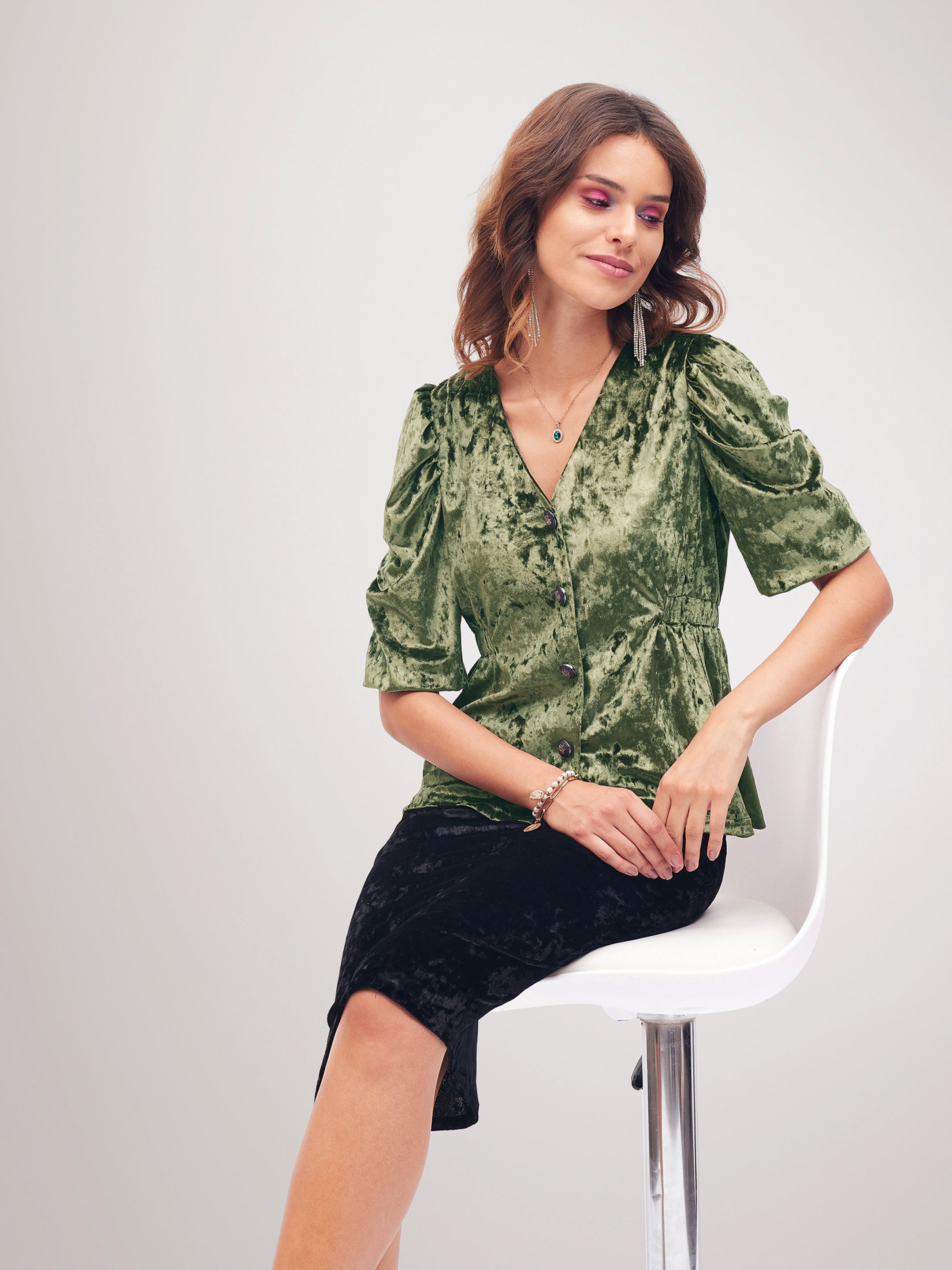 Olive Velvet Front Button Top SASSAFRAS