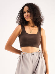 Women Brown Rib Square Neck Cropped Tank Top