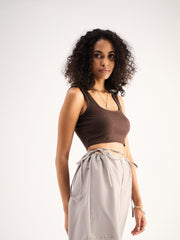 Women Brown Rib Square Neck Cropped Tank Top