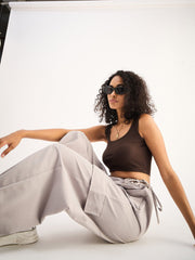 Women Brown Rib Square Neck Cropped Tank Top
