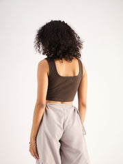 Women Brown Rib Square Neck Cropped Tank Top