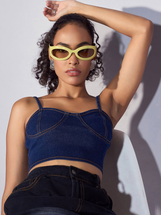 SASSAFRAS - Women Blue Denim Strappy Crop Top