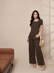 Women Brown Square Neck Peplum Top