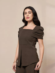 Women Brown Square Neck Peplum Top