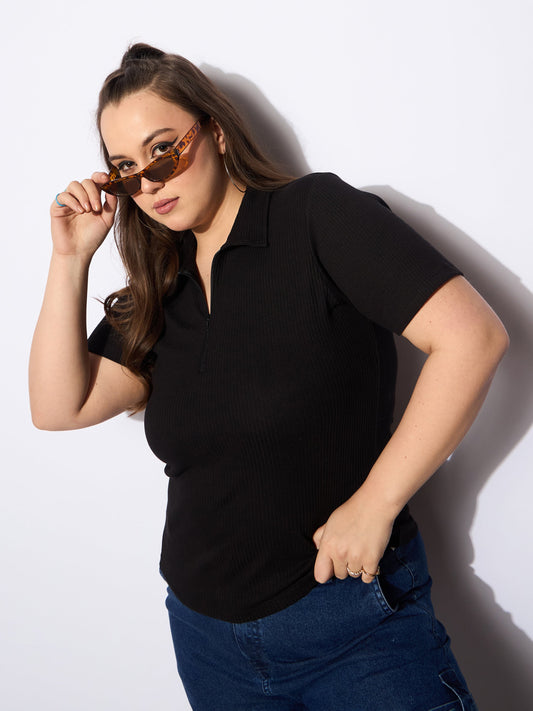 Women Black Rib Front Zipper Polo Neck Top