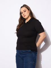 Women Black Rib Front Zipper Polo Neck Top