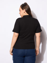 Women Black Rib Front Zipper Polo Neck Top