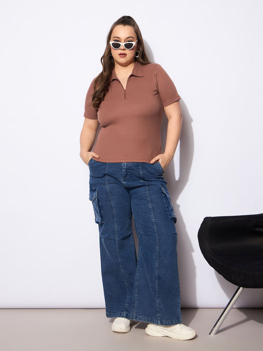 Women Brown Rib Front Zipper Polo Neck Top