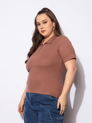 Women Brown Rib Front Zipper Polo Neck Top